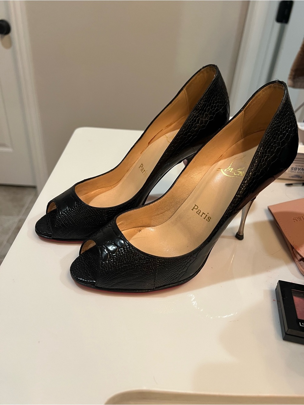 Christian Louboutin Black Peep-Toe Croc-Embossed Stiletto Heels